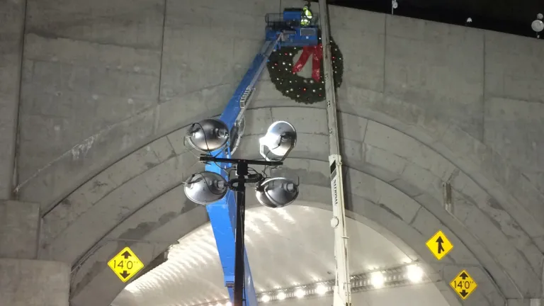 holiday wreath above the Bay Bridge’s westbound Yerba Buena Island Tunnel