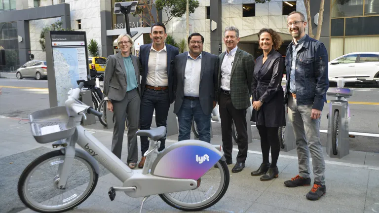 Alix Bockelman (MTC), Alfredo Pedroza (MTC Chair), Jesse Arreguin (ABAG President), Caroline Samponaro (Lyft), and Christopher White (SFBC).