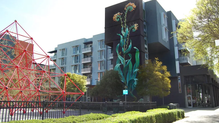 A beautiful flower mural on the side of a tall affordable housing complex in San Jose, with a playground in the foreground.