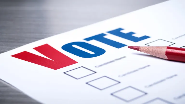 A printed ballot with the word Vote across the top, and a red pencil.