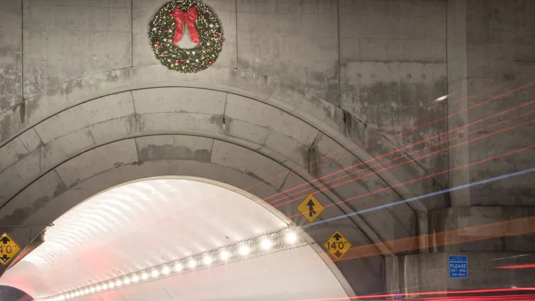 The holiday wreath hung on the Yerba Buena Tunnel on the San Francisco-Oakland Bay Bridge