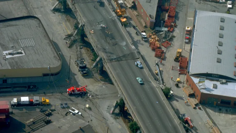 The Cypress Viaduct in Oakland collapsed during the Loma Prieta quake, killing 42 people.