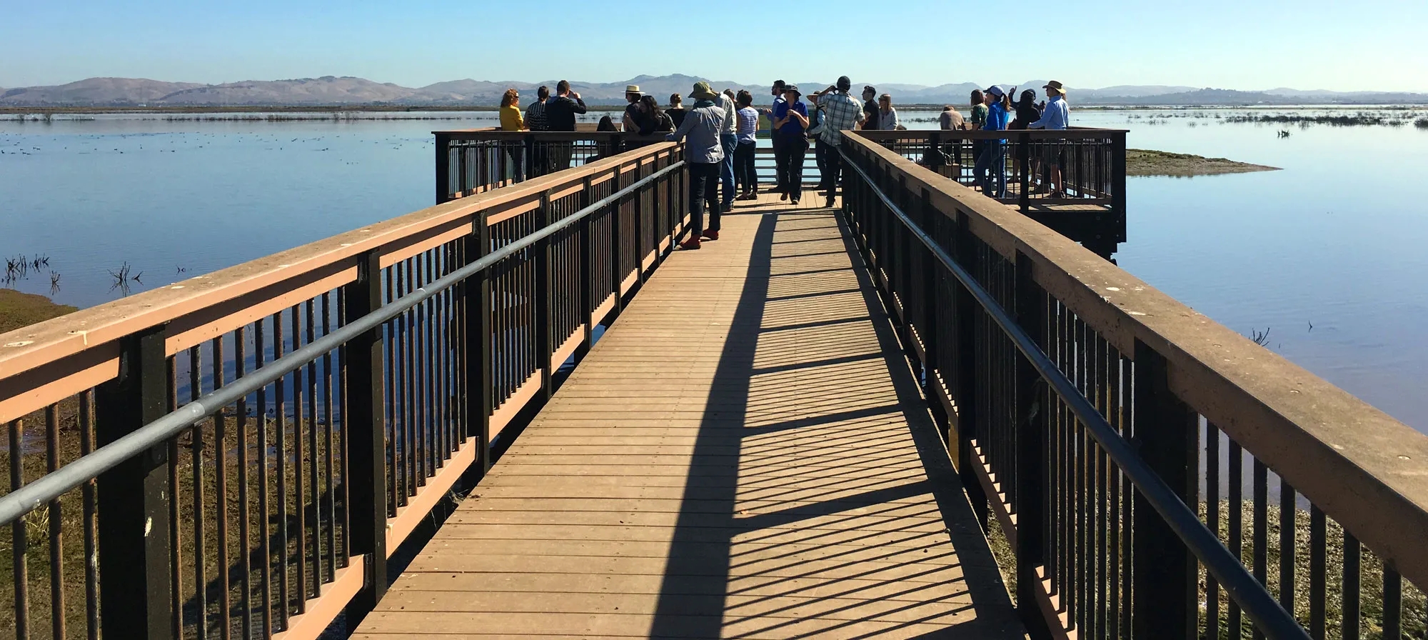 view on a wooden pier looking down the pier on water.