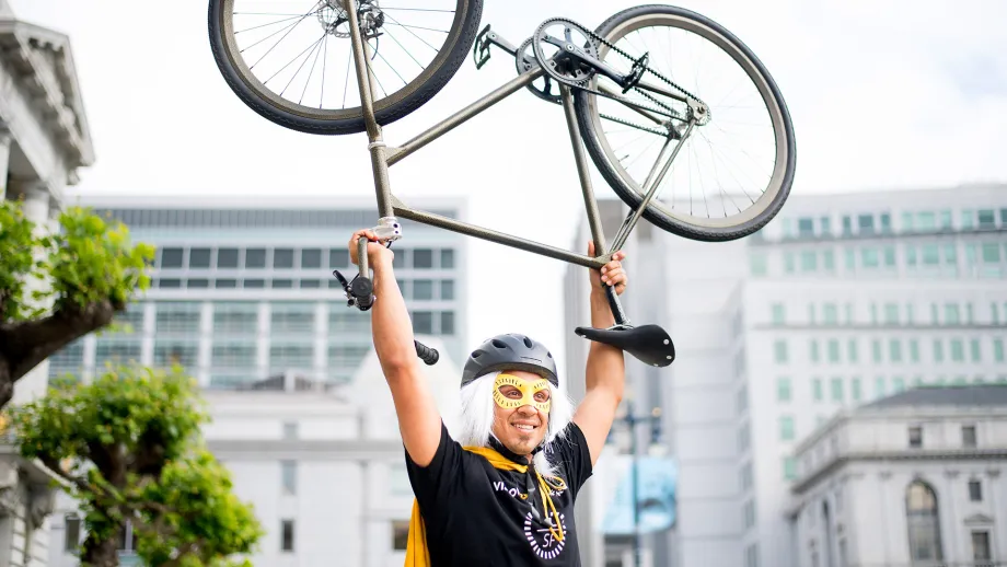 The Vision Zero Hero promotes Vision Zero SF at Bike to Work Day 2017.