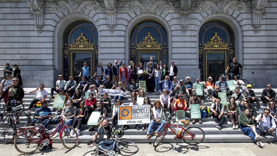 Bike to Wherever Day 2025 rally on the steps of San Francisco City Hall.