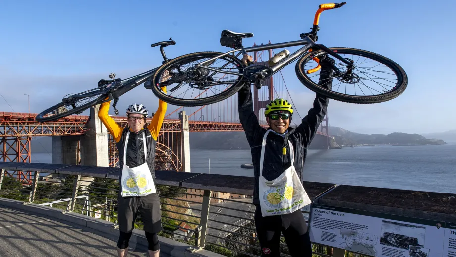 Cyclists near the Golden Gate Bridge on Bike to Wherever Day 2025.