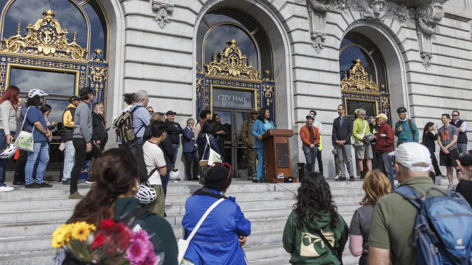 San Francisco Mayor London Breed at the San Francisco City Hall rally on Bike to Work Day.