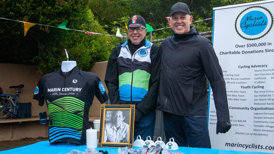 Two people tabling for Marin Cyclists on Bike to Work Day.