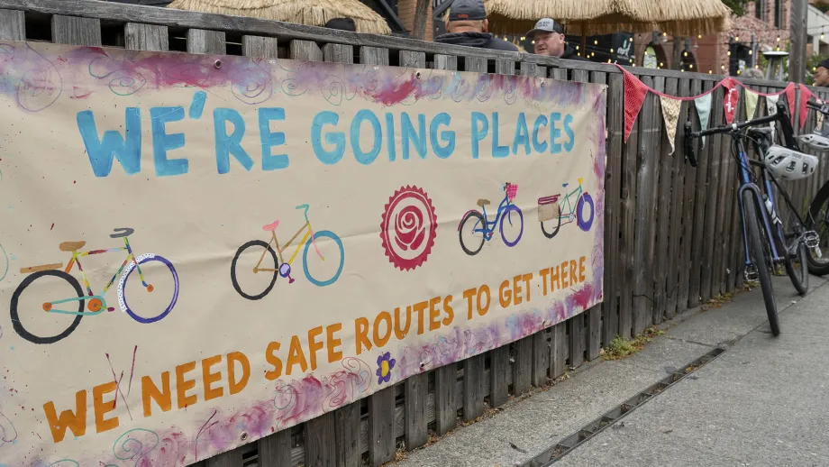 "We're going places, we need safe routes to get there" sign in Santa Rosa.