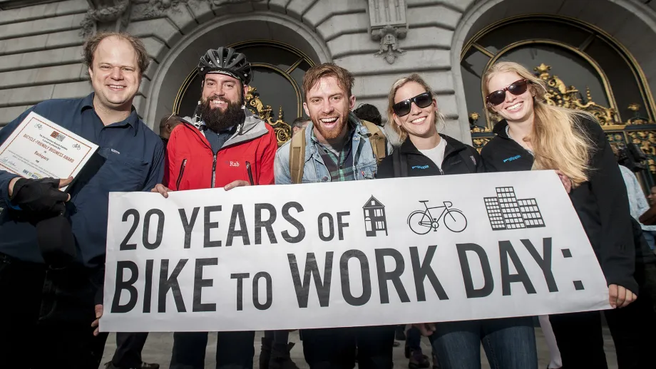 Celebrating 20 years of Bike to Work Day in San Francisco, 2014.