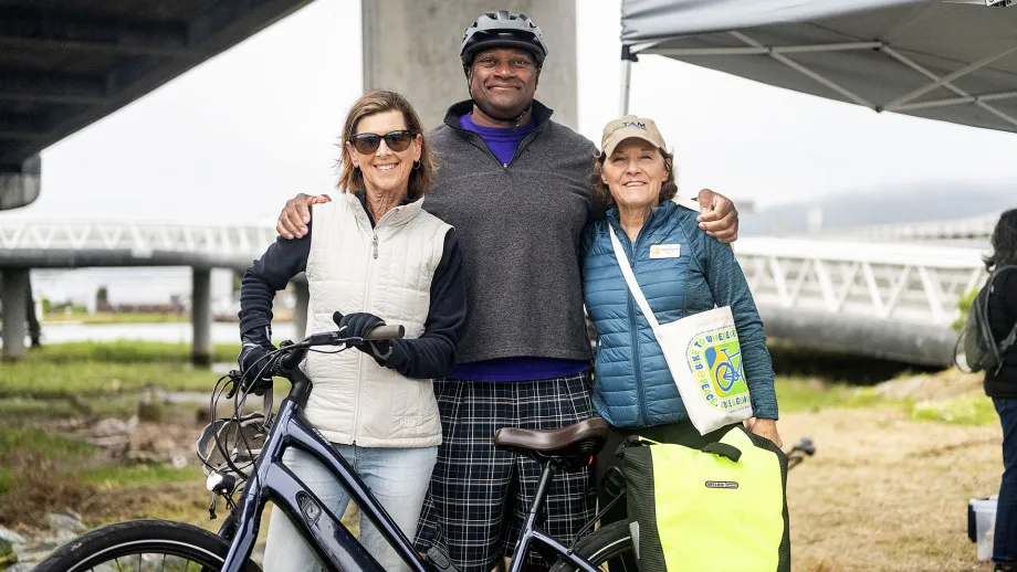 MTC Commissioner Stephanie Moulton-Peters, San Anselmo council member Brian Colbert and Marin Supervisor Katie Rice on Bike to Work Day. 