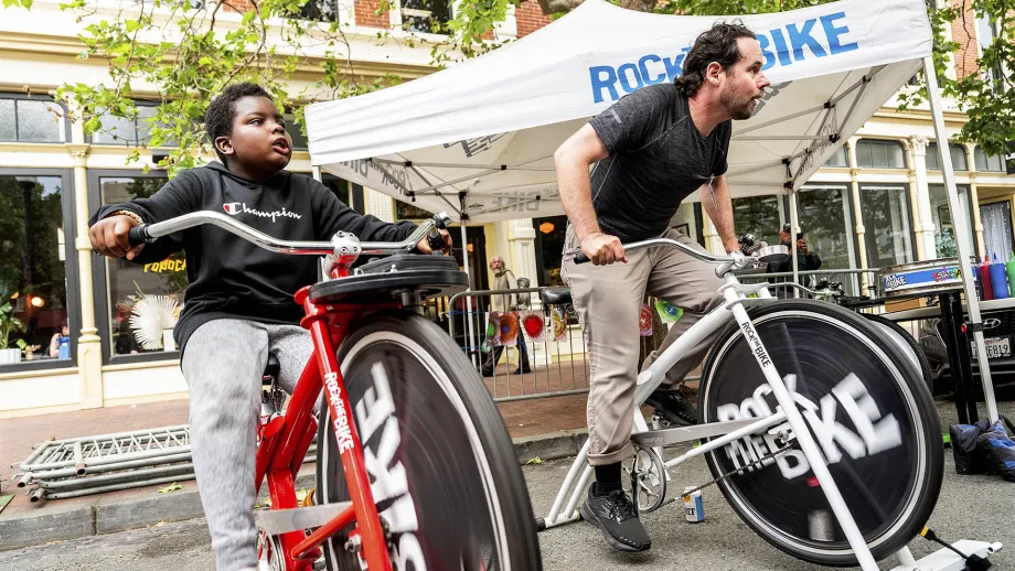 Bicycle-powered Rock the Bike DJ station in Oakland.