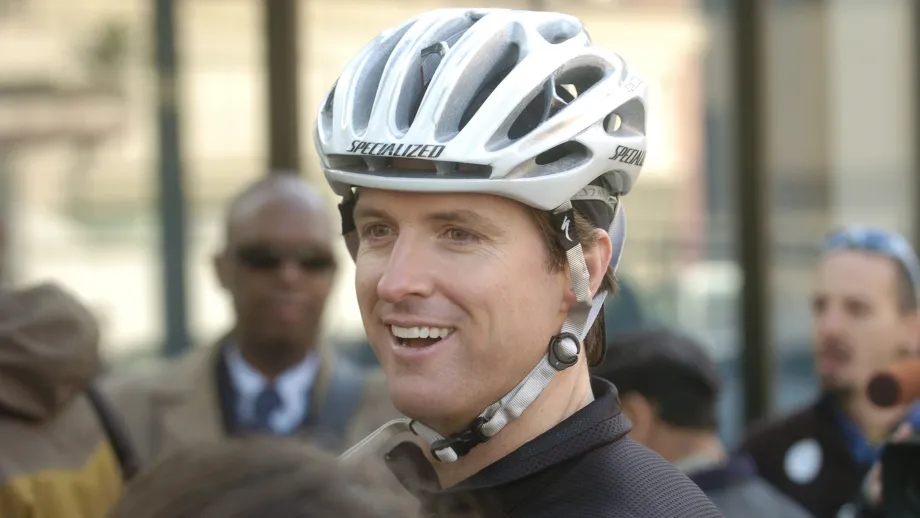 Bike-helmet wearing Gavin Newsom in 2007, when he was mayor of San Francisco.