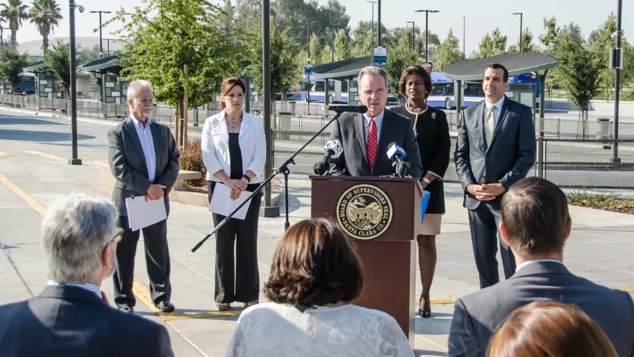 MTC Chair Dave Cortese, joined by (left to right) Transportation California Executive Director Will Kempton, TRIP Associate Director Carolyn Bonifas  Kelly, VTA General Manager Nuria Fernandez, and San Jose Mayor Sam Liccardo.