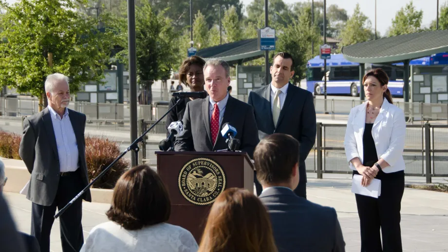 MTC Chair Dave Cortese, joined by (left to right) Transportation California Executive Director Will Kempton, TRIP Associate Director Carolyn Bonifas  Kelly, VTA General Manager Nuria Fernandez, and San Jose Mayor Sam Liccardo.