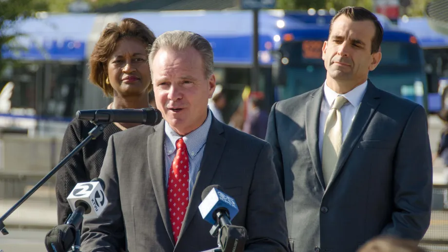 MTC Chair Dave Cortese speaks at the TRIP press conference, flanked by VTA General Manager Nuria Fernandez (left) and MTC Commissioner and San Jose Mayor Sam Liccardo (right).