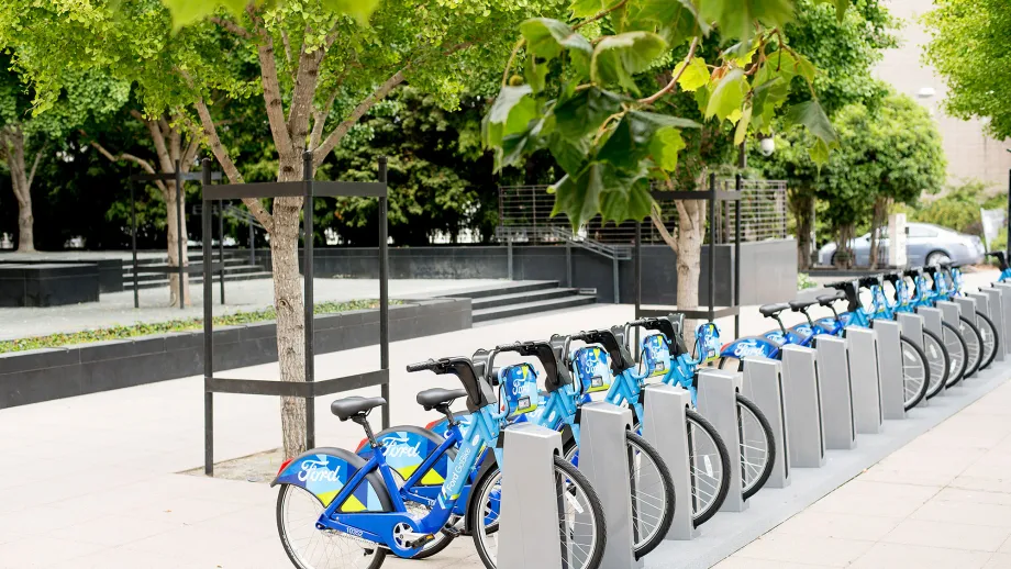 Line of go bikes on a stand