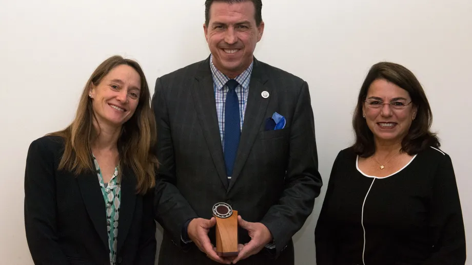 MTC staf member Rebecca Long with Assembly Speaker pro Tem Kevin Mullin and MTC Commissioner Alicia Aguirre