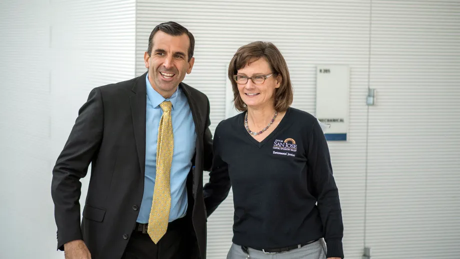 City of San Jose Mayor Sam Liccardo poses with City of San Jose Director of Environmental Services Kerrie Romanow