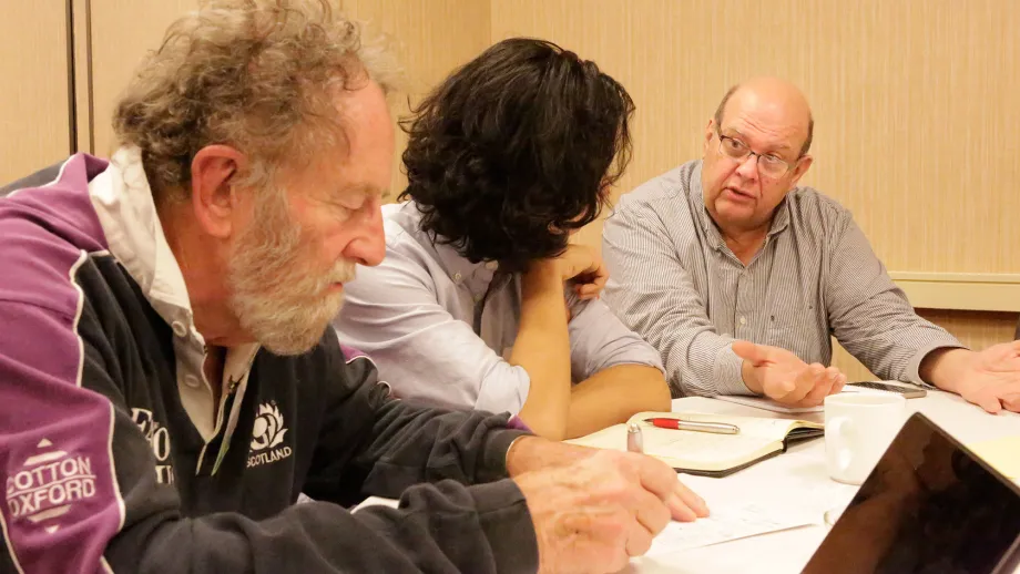MTC Vice Chair and Rohnert Park Councilmember Jake MacKenzie participates in a small discussion group.