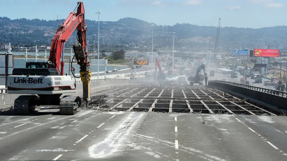 Soon after the closure, work started on demolishing a section of the old upper deck to make way for the new span's bike path. 