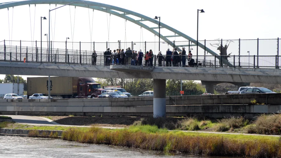 The 1-80 overpass allows bicycle and pedestrian access to the Marina.