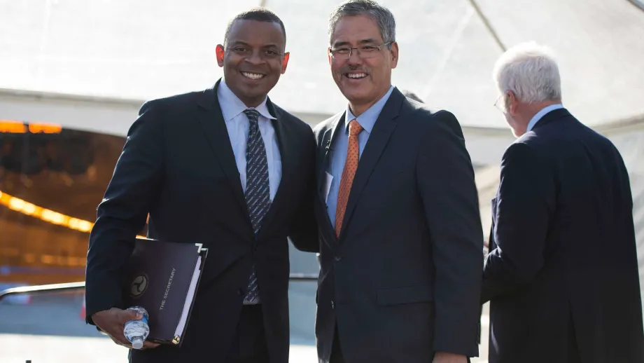 U.S. Transportation Secretary Anthony Foxx poses with Randell Iwasaki, executive director of the Contra Costa Transportation Authority.