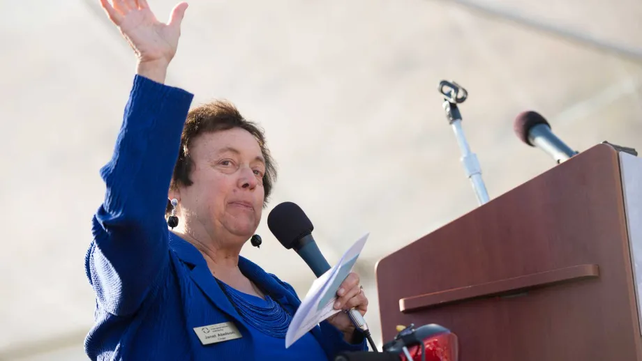 Janet Abelson, chair of the Contra Costa Transportation Authority, greets the crowd.