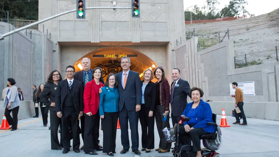 State, local and federal officials gather to celebrate the new bore. 