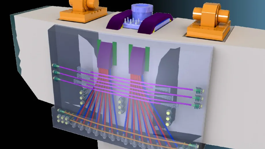 Diagram of proposed bolt/rod fix, showing cable and saddle system to secure the shear keys to the beam. 