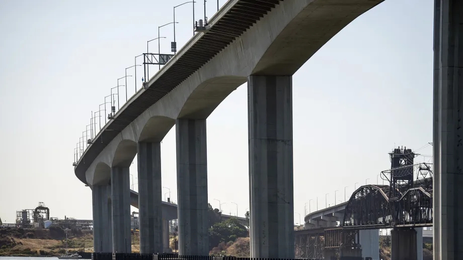 Low-angle view of the Benicia-Martinez Bridge.