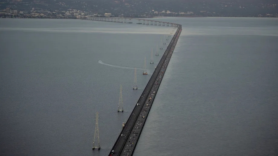Aerial of the San Mateo-Bridge at twilight.