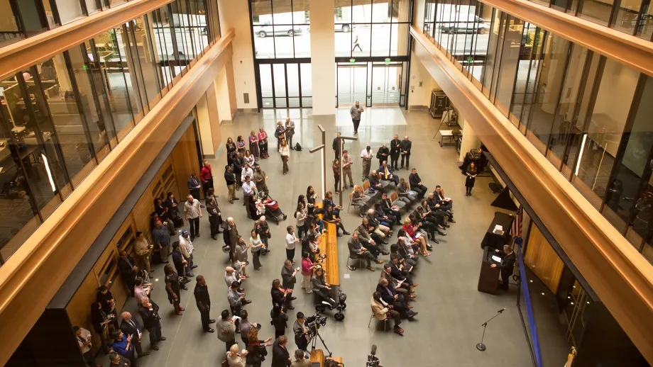 An event taking place in the lobby of the Bay Area Metro Center.