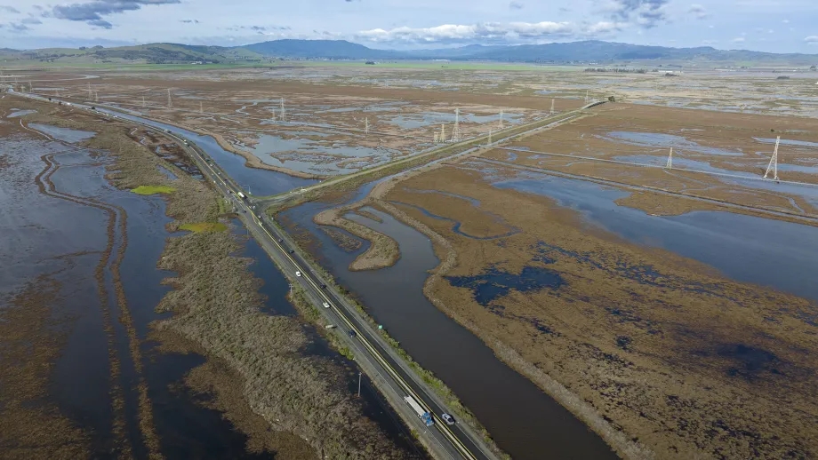 Aerial over a partially flooded section of State Route 37.