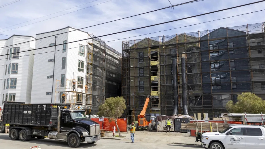 Construction of an affordable housing apartment building complex for teachers in San Francisco: Shirley Chisholm Village.