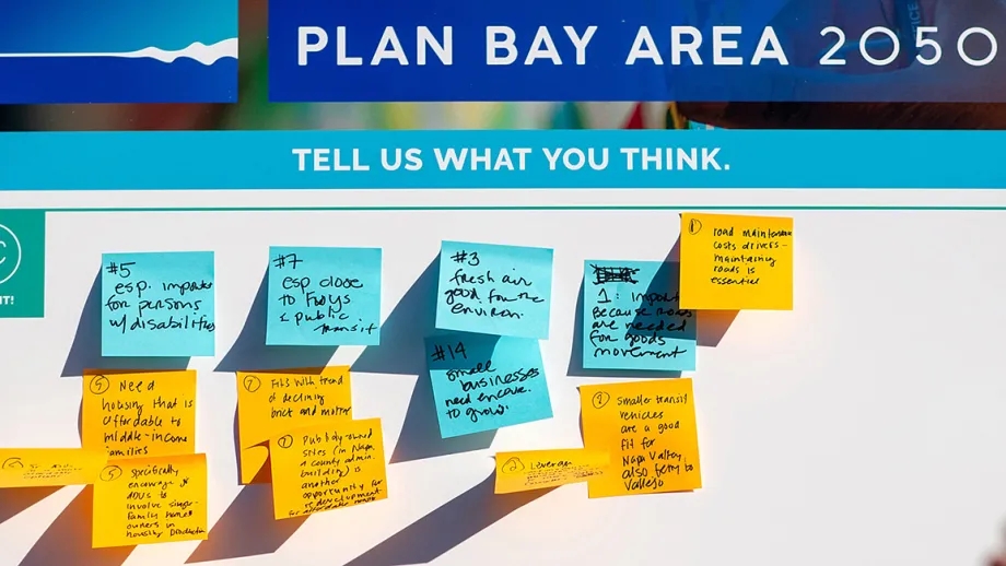 Comments on sticky notes during a Plan bay Area 2050 public engagement event