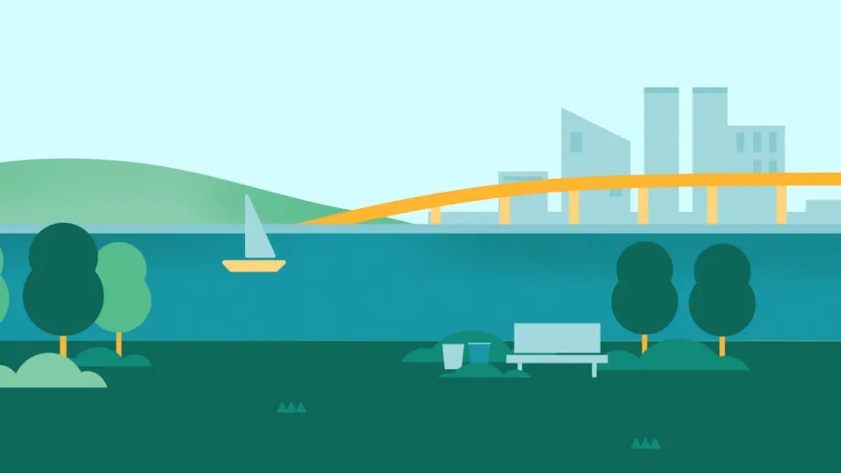 A bench with trees in the foregrwound while a sailboat, bridge and buildings are in the background of this illustration from the Mayor of Bayville game.