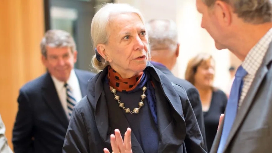 Anne Halsted converses with Marin's Steve Kinsey at the opening of MTC's  headquarters in 2016.