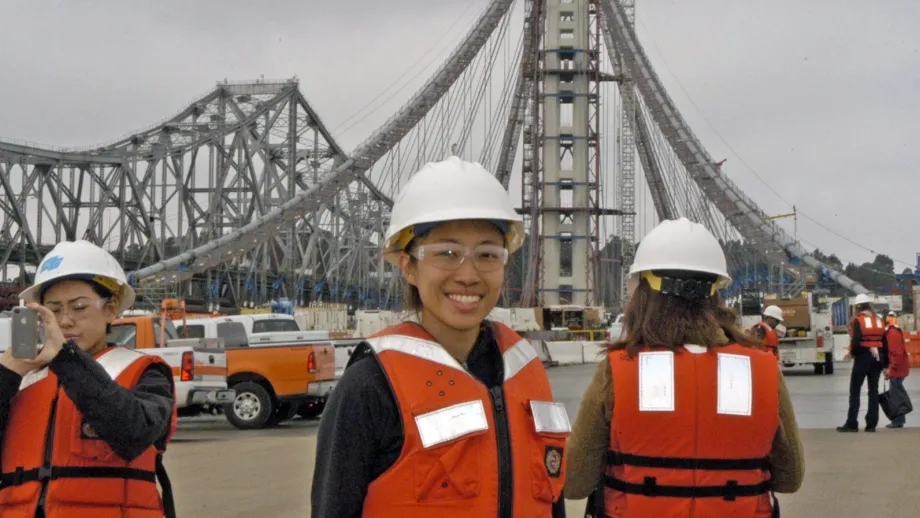 High school interns stand on the Bay Bridge.