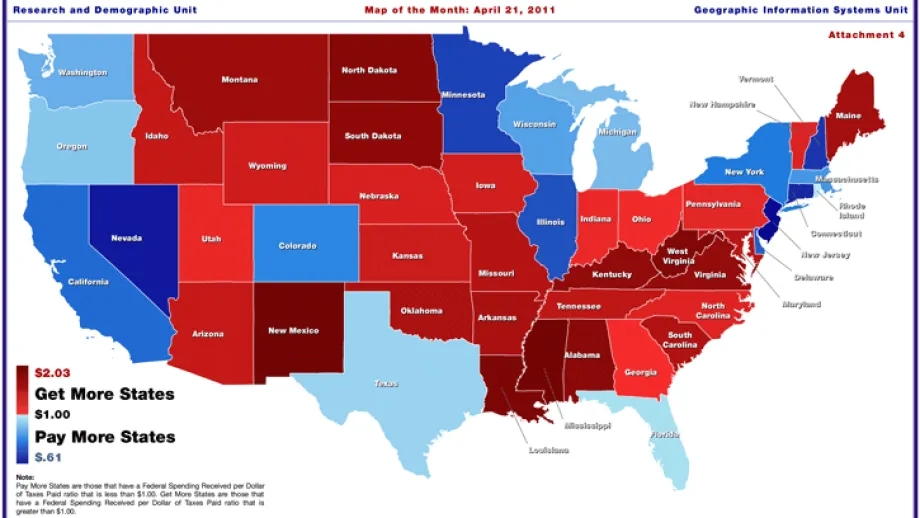 map of Federal Spending Received Per Dollar Of Taxes Paid By State Fy2005